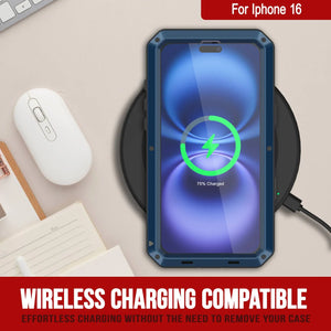 Funda de metal para iPhone 16, carcasa de armadura resistente de grado militar [a prueba de golpes], carcasa rígida de cuerpo completo [azul]
