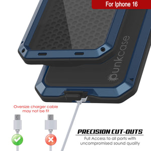 Funda de metal para iPhone 16, carcasa de armadura resistente de grado militar [a prueba de golpes], carcasa rígida de cuerpo completo [azul]