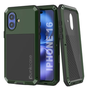 Funda de metal para iPhone 16, carcasa resistente de grado militar [a prueba de golpes], carcasa rígida de cuerpo completo [verde oscuro]