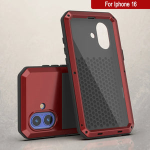Funda de metal para iPhone 16, carcasa de armadura de grado militar resistente [a prueba de golpes], carcasa rígida de cuerpo completo [roja]