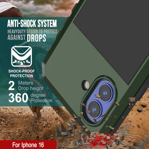 Funda de metal para iPhone 16, carcasa resistente de grado militar [a prueba de golpes], carcasa rígida de cuerpo completo [verde oscuro]