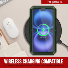 Cargar imagen en el visor de la galería, Funda de metal para iPhone 16, carcasa resistente de grado militar [a prueba de golpes], carcasa rígida de cuerpo completo [verde oscuro]
