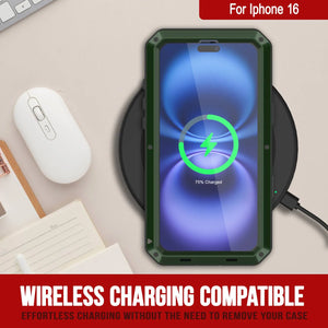 Funda de metal para iPhone 16, carcasa resistente de grado militar [a prueba de golpes], carcasa rígida de cuerpo completo [verde oscuro]