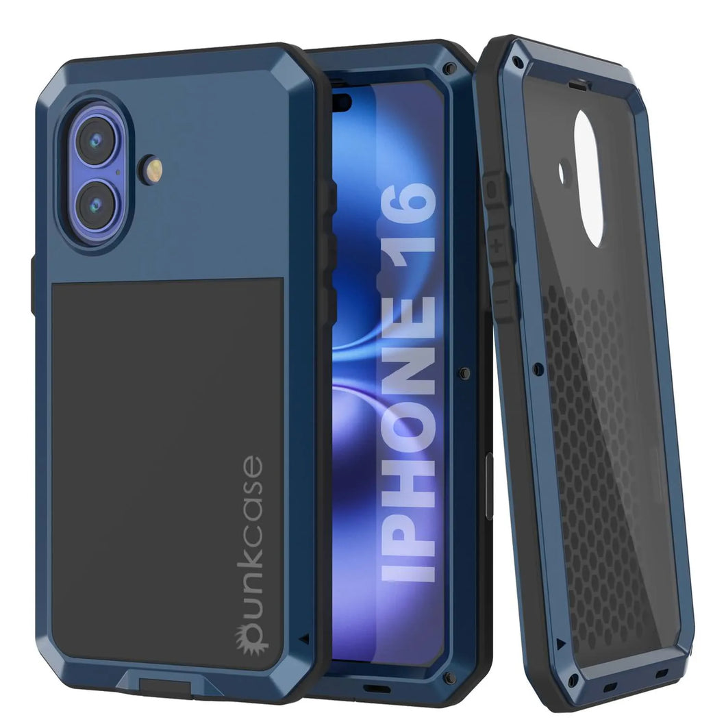 Funda de metal para iPhone 16, carcasa de armadura resistente de grado militar [a prueba de golpes], carcasa rígida de cuerpo completo [azul]