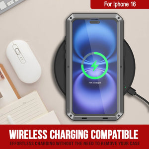 Funda de metal para iPhone 16, carcasa de armadura de grado militar resistente [a prueba de golpes], carcasa rígida de cuerpo completo [plateada]
