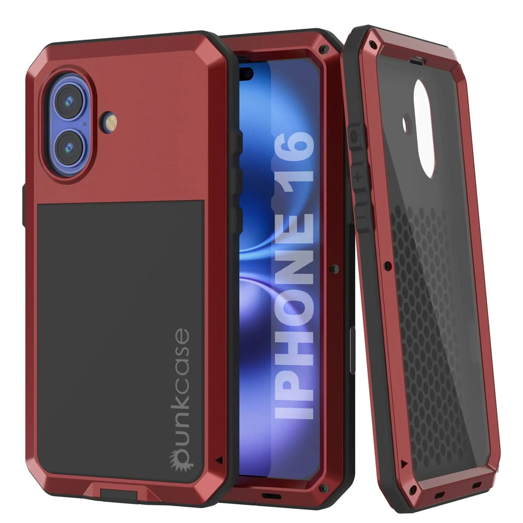Funda de metal para iPhone 16, carcasa de armadura de grado militar resistente [a prueba de golpes], carcasa rígida de cuerpo completo [roja]