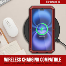 Cargar imagen en el visor de la galería, Funda de metal para iPhone 16, carcasa de armadura de grado militar resistente [a prueba de golpes], carcasa rígida de cuerpo completo [roja]
