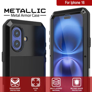 Funda de metal para iPhone 16, carcasa de armadura de grado militar resistente [a prueba de golpes], carcasa rígida de cuerpo completo [negra]