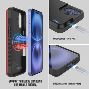 Estuche con batería para iPhone 16 Plus, batería externa PunkJuice de 8000 mAh con carga rápida MagSafe y protector de pantalla | [Rojo]