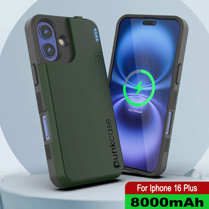 Estuche con batería para iPhone 16 Plus, batería externa PunkJuice de 8000 mAh con carga rápida MagSafe y protector de pantalla | [Verde]