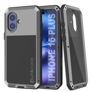 Funda de metal para iPhone 16 Plus, carcasa de armadura resistente de grado militar [a prueba de golpes], carcasa rígida de cuerpo completo [plateada]