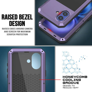 Funda de metal para iPhone 16 Plus, carcasa resistente de grado militar [a prueba de golpes], carcasa rígida de cuerpo completo [morado]