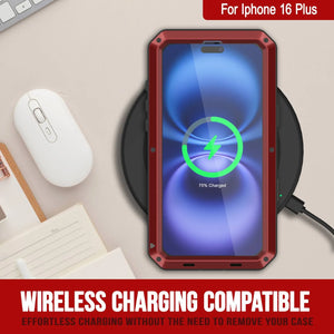 Funda de metal para iPhone 16 Plus, carcasa de armadura resistente de grado militar [a prueba de golpes], carcasa rígida de cuerpo completo [roja]