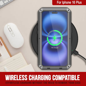 Funda de metal para iPhone 16 Plus, carcasa de armadura resistente de grado militar [a prueba de golpes], carcasa rígida de cuerpo completo [plateada]