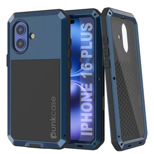 Funda de metal para iPhone 16 Plus, carcasa de armadura de grado militar resistente [a prueba de golpes], carcasa rígida de cuerpo completo [azul]