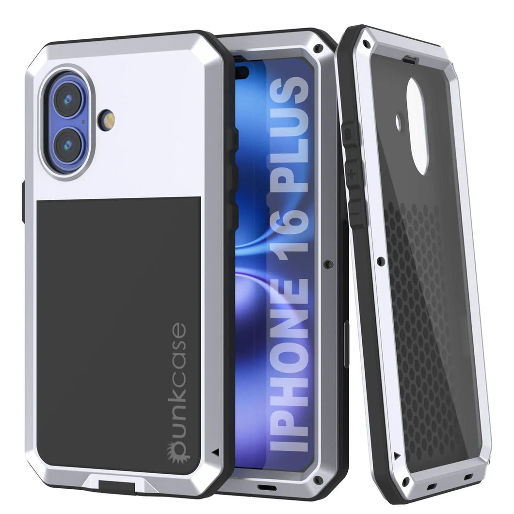 Funda de metal para iPhone 16 Plus, carcasa de armadura resistente de grado militar [a prueba de golpes], carcasa rígida de cuerpo completo [blanca]