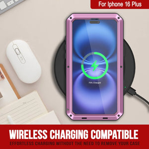 Funda de metal para iPhone 16 Plus, carcasa resistente de grado militar [a prueba de golpes], carcasa rígida de cuerpo completo [rosa]