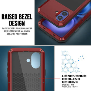 Funda de metal para iPhone 16 Plus, carcasa de armadura resistente de grado militar [a prueba de golpes], carcasa rígida de cuerpo completo [roja]