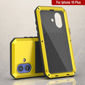 Funda de metal para iPhone 16 Plus, carcasa resistente de grado militar [a prueba de golpes], carcasa rígida de cuerpo completo [amarilla]