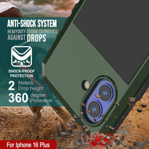Funda de metal para iPhone 16 Plus, carcasa resistente de grado militar [a prueba de golpes], carcasa rígida de cuerpo completo [verde oscuro]