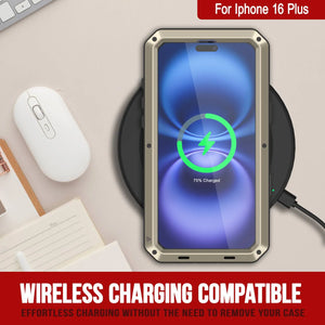 Funda de metal para iPhone 16 Plus, carcasa resistente de grado militar [a prueba de golpes], carcasa rígida de cuerpo completo [dorada]