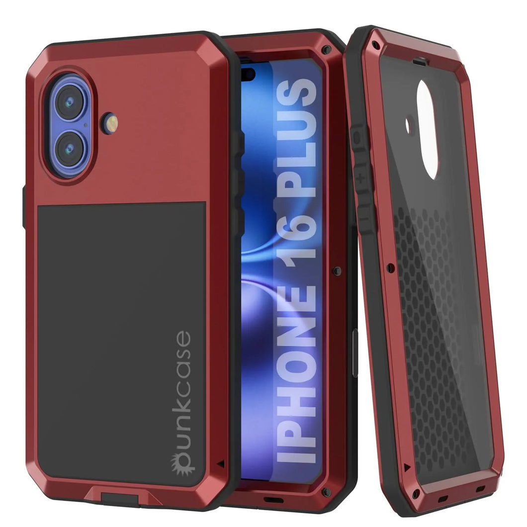 Funda de metal para iPhone 16 Plus, carcasa de armadura resistente de grado militar [a prueba de golpes], carcasa rígida de cuerpo completo [roja]