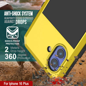 Funda de metal para iPhone 16 Plus, carcasa resistente de grado militar [a prueba de golpes], carcasa rígida de cuerpo completo [amarilla]