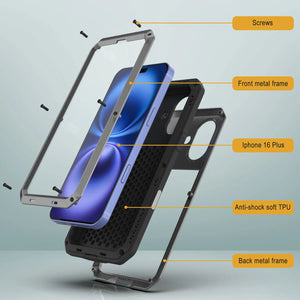 Funda de metal para iPhone 16 Plus, carcasa de armadura resistente de grado militar [a prueba de golpes], carcasa rígida de cuerpo completo [plateada]