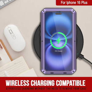 Funda de metal para iPhone 16 Plus, carcasa resistente de grado militar [a prueba de golpes], carcasa rígida de cuerpo completo [morado]