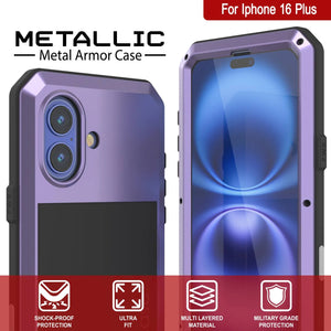 Funda de metal para iPhone 16 Plus, carcasa resistente de grado militar [a prueba de golpes], carcasa rígida de cuerpo completo [morado]