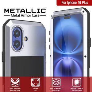 Funda de metal para iPhone 16 Plus, carcasa de armadura resistente de grado militar [a prueba de golpes], carcasa rígida de cuerpo completo [blanca]
