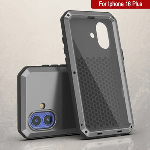 Funda de metal para iPhone 16 Plus, carcasa de armadura resistente de grado militar [a prueba de golpes], carcasa rígida de cuerpo completo [plateada]