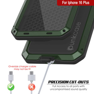 Funda de metal para iPhone 16 Plus, carcasa resistente de grado militar [a prueba de golpes], carcasa rígida de cuerpo completo [verde oscuro]