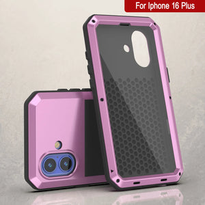 Funda de metal para iPhone 16 Plus, carcasa resistente de grado militar [a prueba de golpes], carcasa rígida de cuerpo completo [rosa]