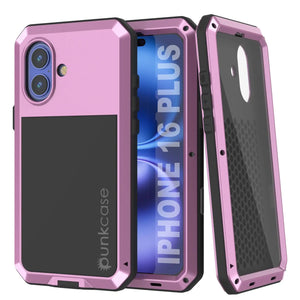 Funda de metal para iPhone 16 Plus, carcasa resistente de grado militar [a prueba de golpes], carcasa rígida de cuerpo completo [rosa]