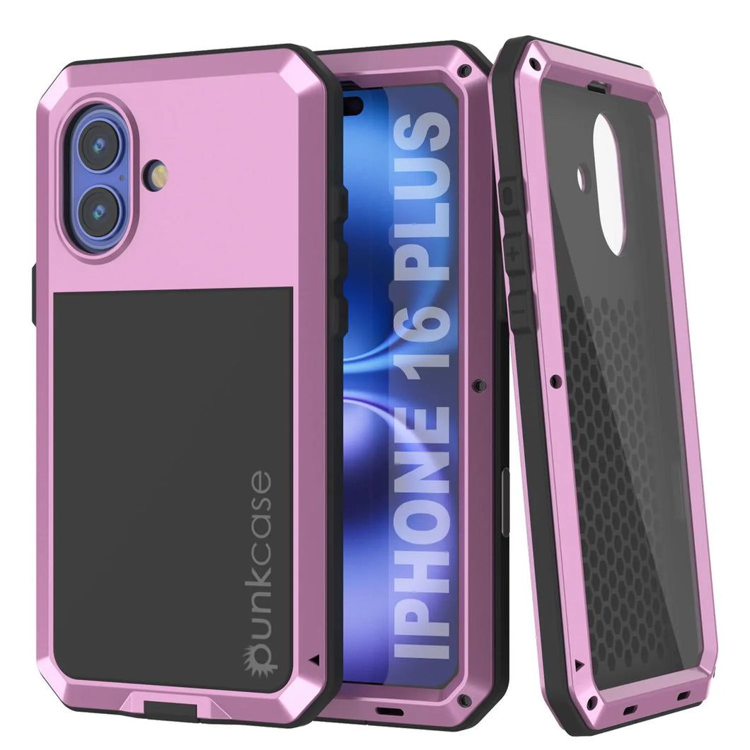 Funda de metal para iPhone 16 Plus, carcasa resistente de grado militar [a prueba de golpes], carcasa rígida de cuerpo completo [rosa]