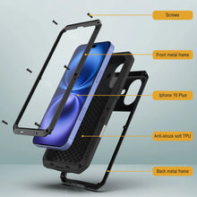 Load image into Gallery viewer, Funda de metal para iPhone 16 Plus, carcasa de armadura resistente de grado militar [a prueba de golpes], carcasa rígida de cuerpo completo [negra]
