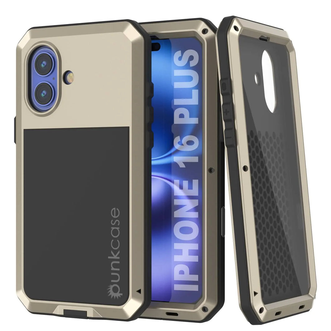 Funda de metal para iPhone 16 Plus, carcasa resistente de grado militar [a prueba de golpes], carcasa rígida de cuerpo completo [dorada]
