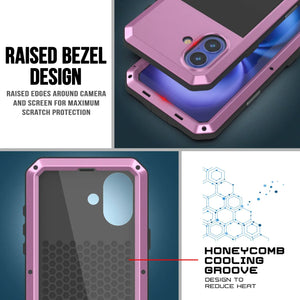 Funda de metal para iPhone 16 Plus, carcasa resistente de grado militar [a prueba de golpes], carcasa rígida de cuerpo completo [rosa]