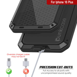 Funda de metal para iPhone 16 Plus, carcasa de armadura resistente de grado militar [a prueba de golpes], carcasa rígida de cuerpo completo [negra]