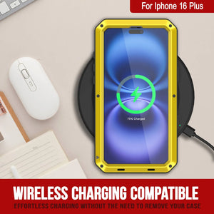 Funda de metal para iPhone 16 Plus, carcasa resistente de grado militar [a prueba de golpes], carcasa rígida de cuerpo completo [amarilla]