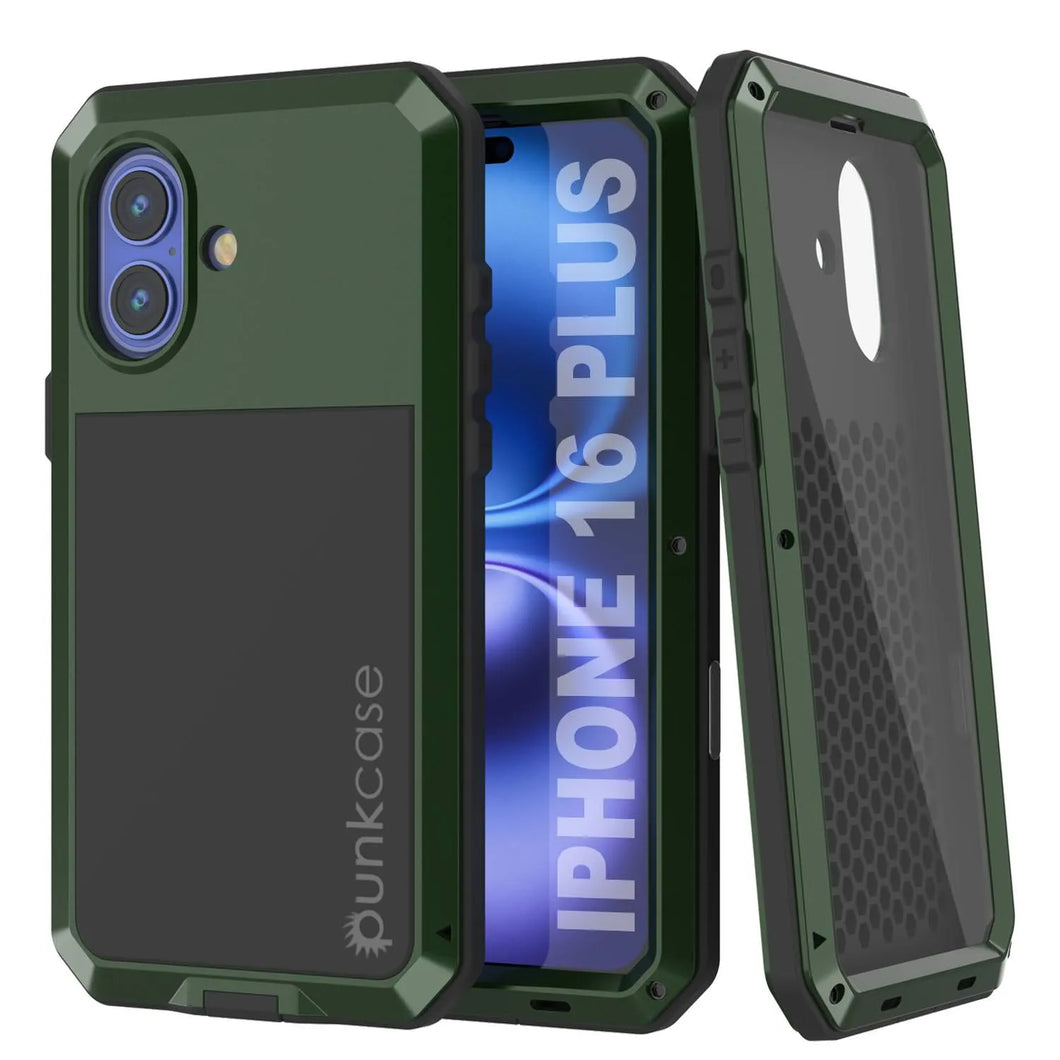 Funda de metal para iPhone 16 Plus, carcasa resistente de grado militar [a prueba de golpes], carcasa rígida de cuerpo completo [verde oscuro]