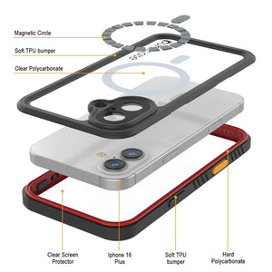 Funda impermeable para iPhone 16 Plus, Punkcase [Extreme Mag Series] Armor Cover con protector de pantalla incorporado [Rojo]