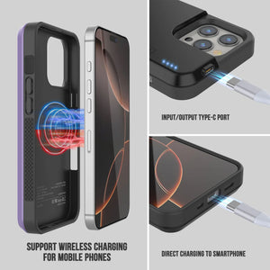 Estuche de batería para iPhone 16 Pro, batería externa PunkJuice de 5000 mAh con carga rápida MagSafe y protector de pantalla | [Púrpura]