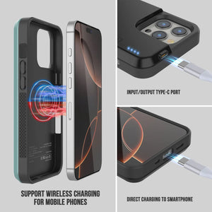 Estuche con batería para iPhone 16 Pro, batería externa PunkJuice de 5000 mAh con carga rápida MagSafe y protector de pantalla | [Verde azulado]