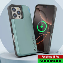 Load image into Gallery viewer, Estuche con batería para iPhone 16 Pro, batería externa PunkJuice de 5000 mAh con carga rápida MagSafe y protector de pantalla | [Verde azulado]
