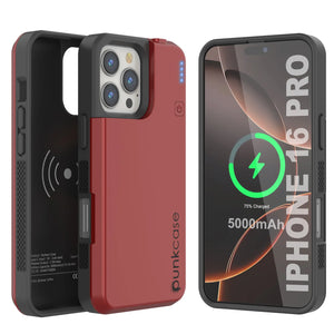 Estuche de batería para iPhone 16 Pro, batería externa PunkJuice de 5000 mAh con carga rápida MagSafe y protector de pantalla | [Rojo]