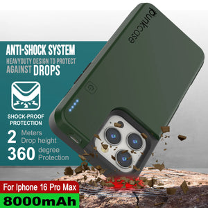 Estuche de batería para iPhone 16 Pro Max, batería externa PunkJuice MagSafe de 8000 mAh con carga rápida y protector de pantalla | [Verde]