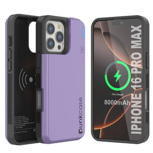 Estuche de batería para iPhone 16 Pro Max, batería externa PunkJuice de 8000 mAh con carga rápida MagSafe y protector de pantalla | [Púrpura]