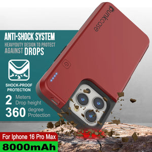 Estuche de batería para iPhone 16 Pro Max, batería externa PunkJuice MagSafe de 8000 mAh con carga rápida y protector de pantalla | [Rojo]